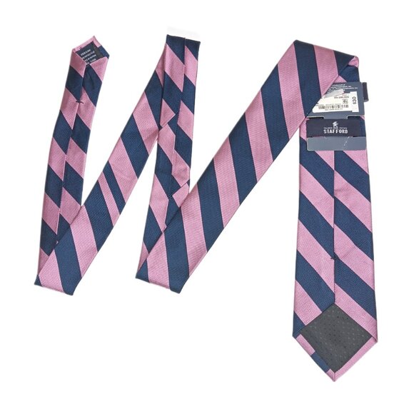 Stafford Silk Repp Tie Mens 59.5” Navy Blue Pink Stripe Designer Classic Tie NWT - Picture 3 of 4